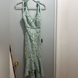 Lulu’s Won Your Heart Sage Green Lace Tie-Strap High Low Midi Dress